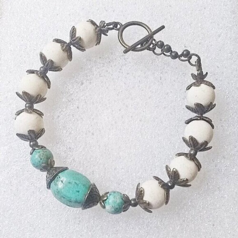 Ornate Chunky Semi-Precious Stone Bracelet - Turquoise/Teal Green Cream + Bronze